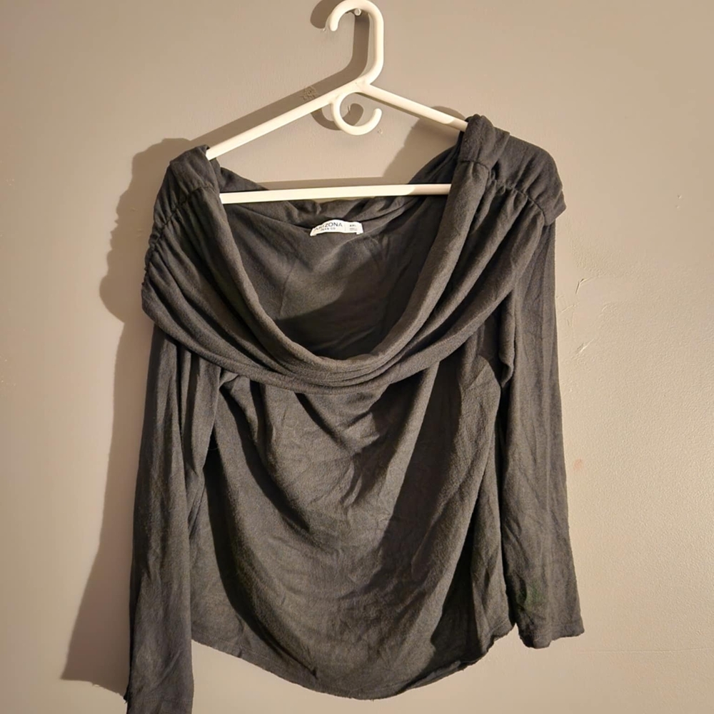 Arizona Jean Company Charcoal Draped Cowl Neck Over The Shoulder Long Sleeve Top